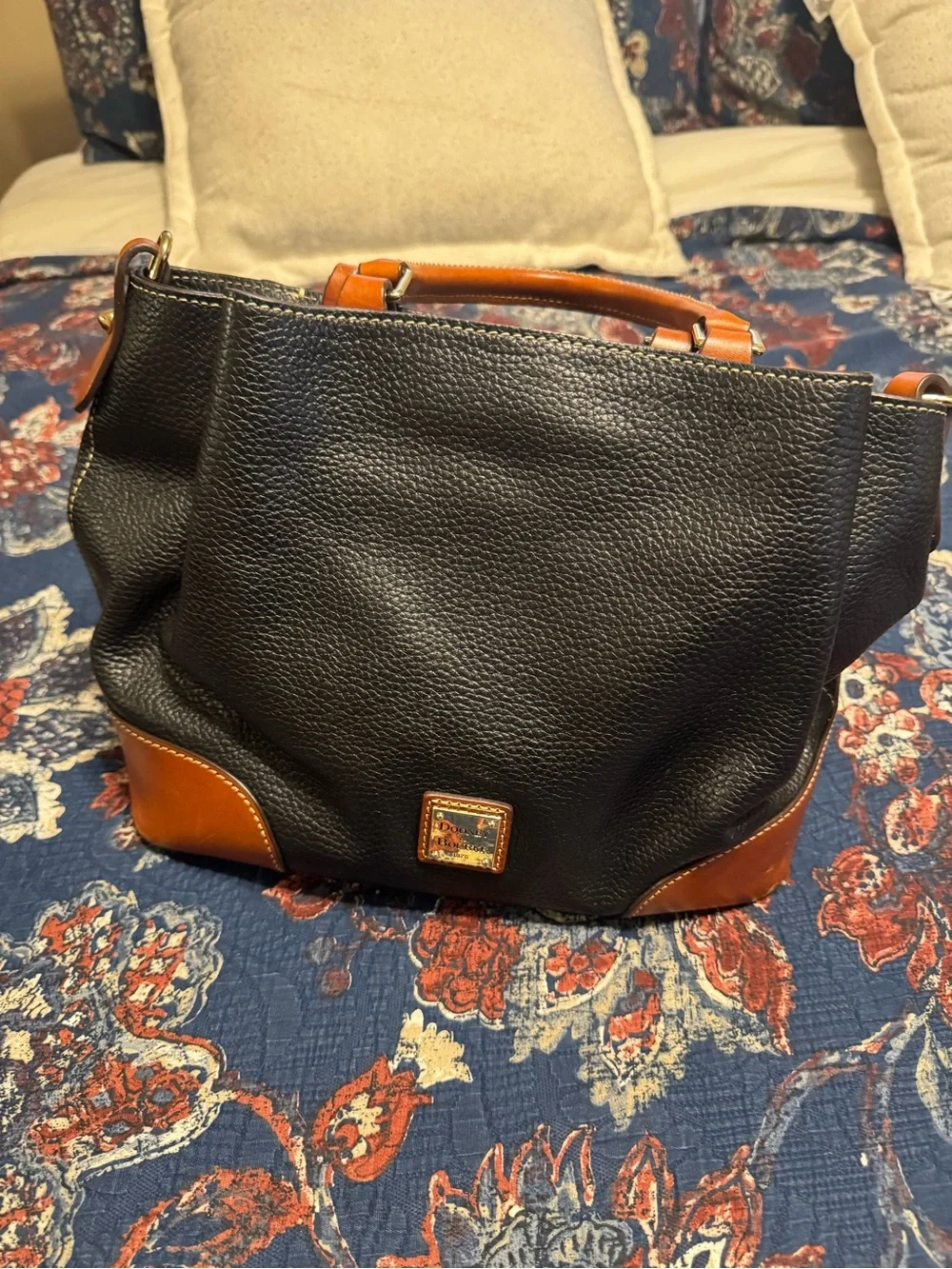 Dooney & Bourke Black Pebbled Leather Satchel with Brown Trim